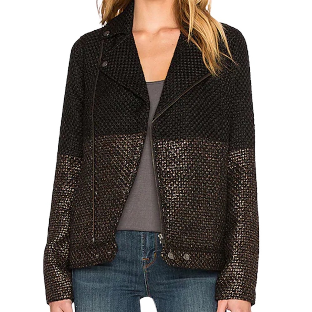 RVCA Black and Gold Layla Tweed Moto Jacket